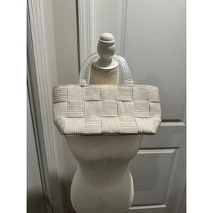 Woven Straw Tote Handbag Clear Lucite Handles Beach Summer Style